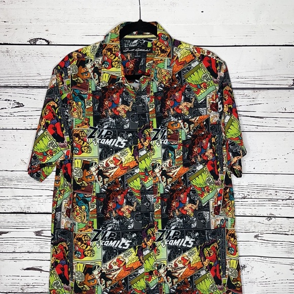 Just Attitude Size L Zip Comic Strip Superhero Graphic Print Button Down Shirt - Picture 2 of 6